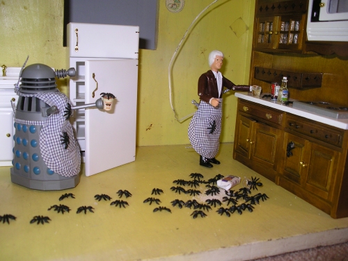 Picture of an ant invasion featuring a Dalek and the Jon Pertwee Doctor.
